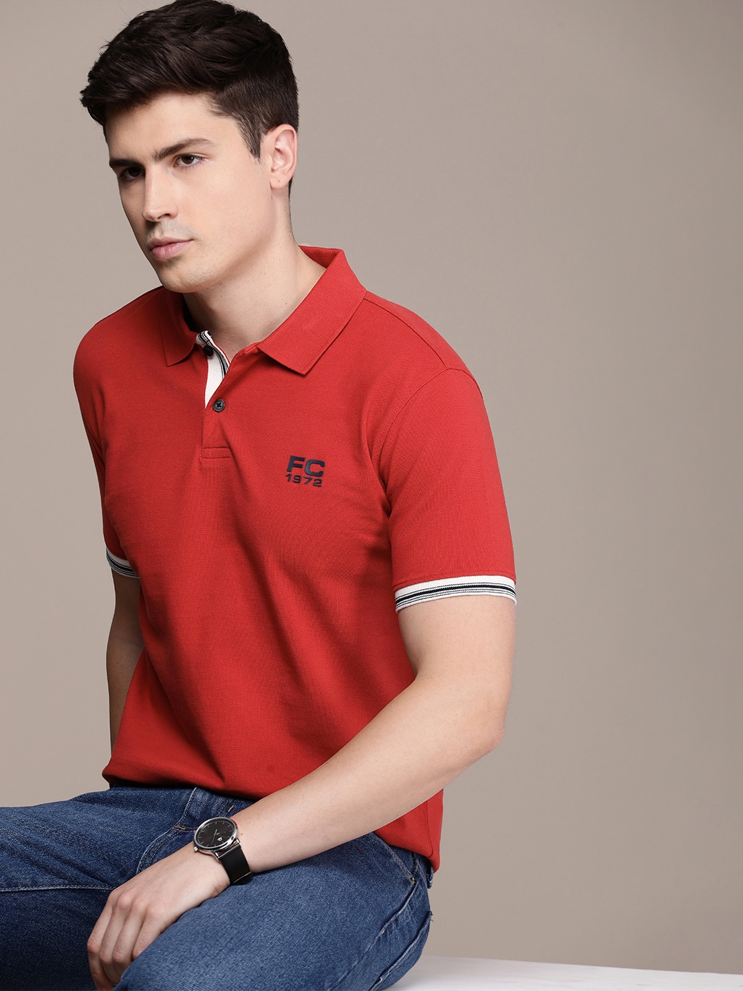 

French Connection Pure Cotton Polo Collar Casual T-shirt, Red