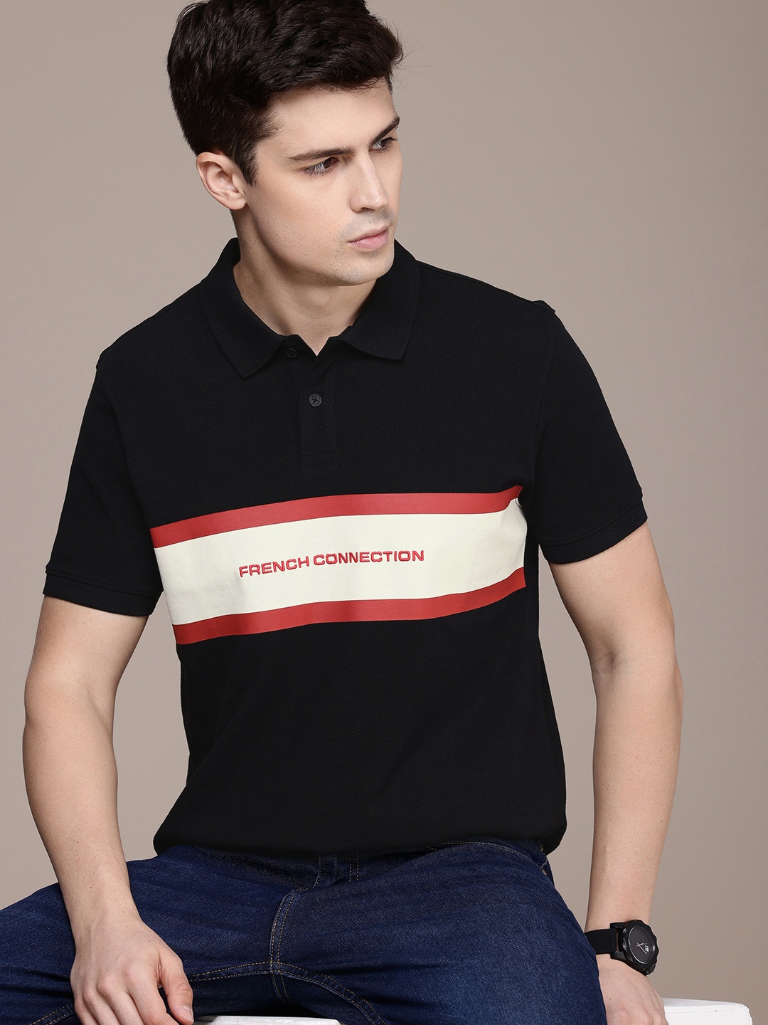 

French Connection Striped Polo Collar Pure Cotton T-shirt with Embroidered T-shirt, Black