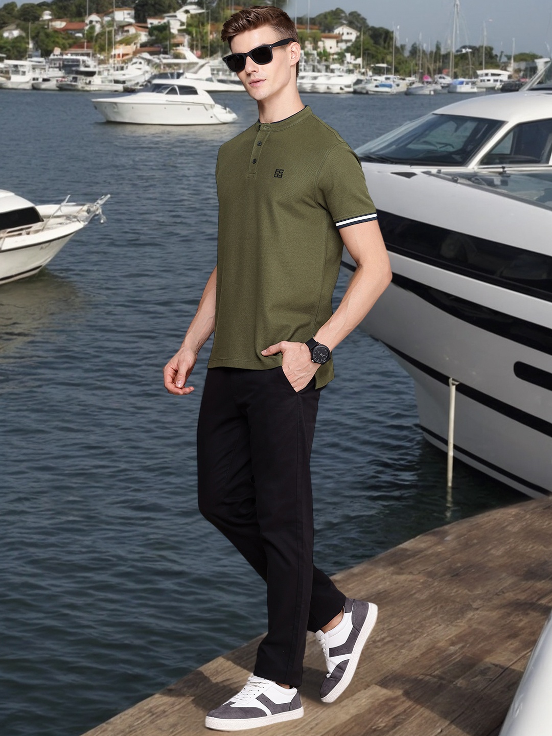 

French Connection Henley Neck Pure Cotton T-shirt, Olive