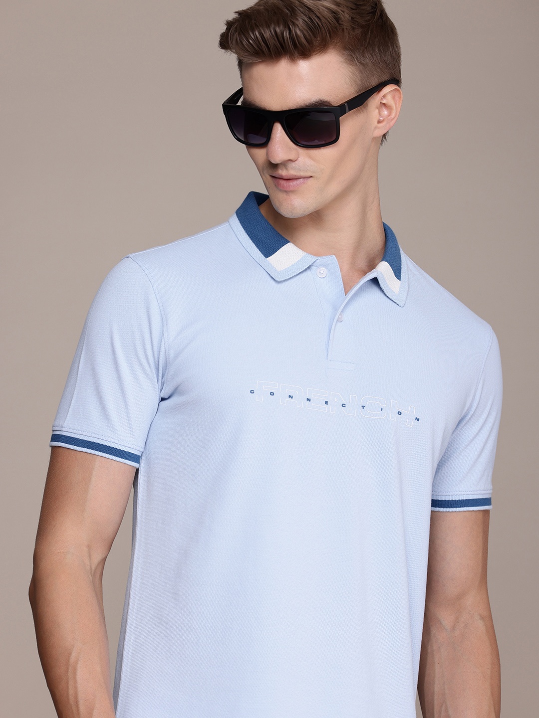 

French Connection Men Polo Collar Pure Cotton T-shirt, Blue