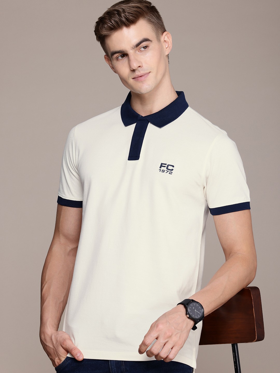 

French Connection Men Polo Collar Pure Cotton T-shirt, Cream