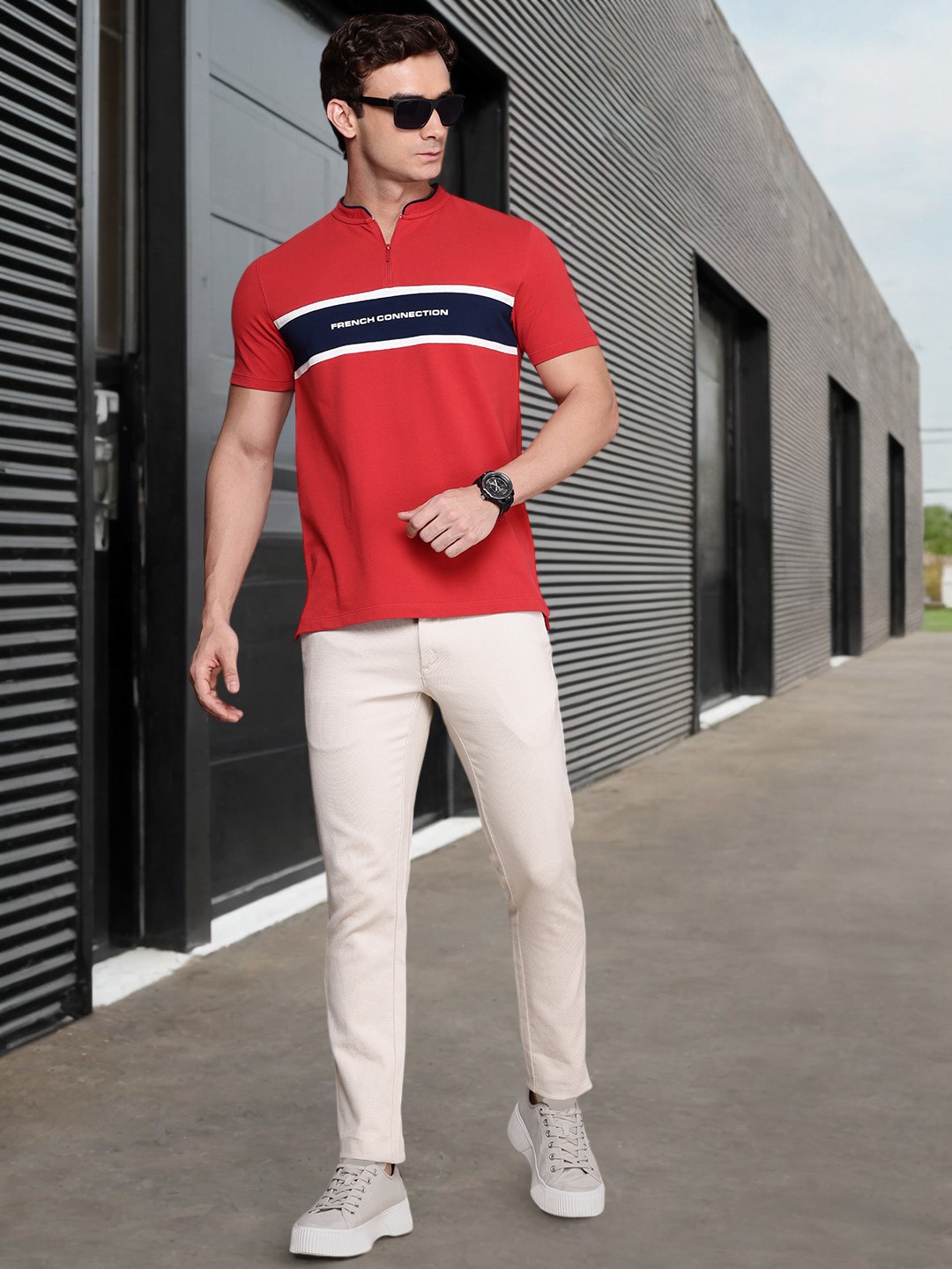 

French Connection Brand Logo Printed Henley Neck Pure Cotton T-shirt, Red