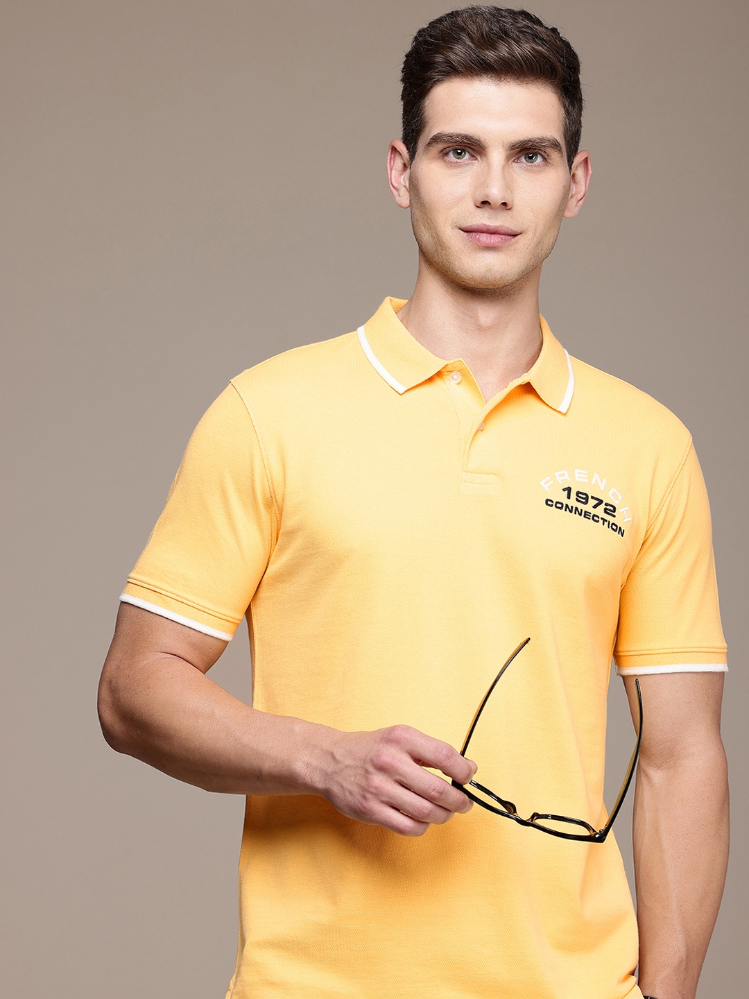 

French Connection Brand Logo Embroidered Polo Collar Pure Cotton T-shirt, Yellow