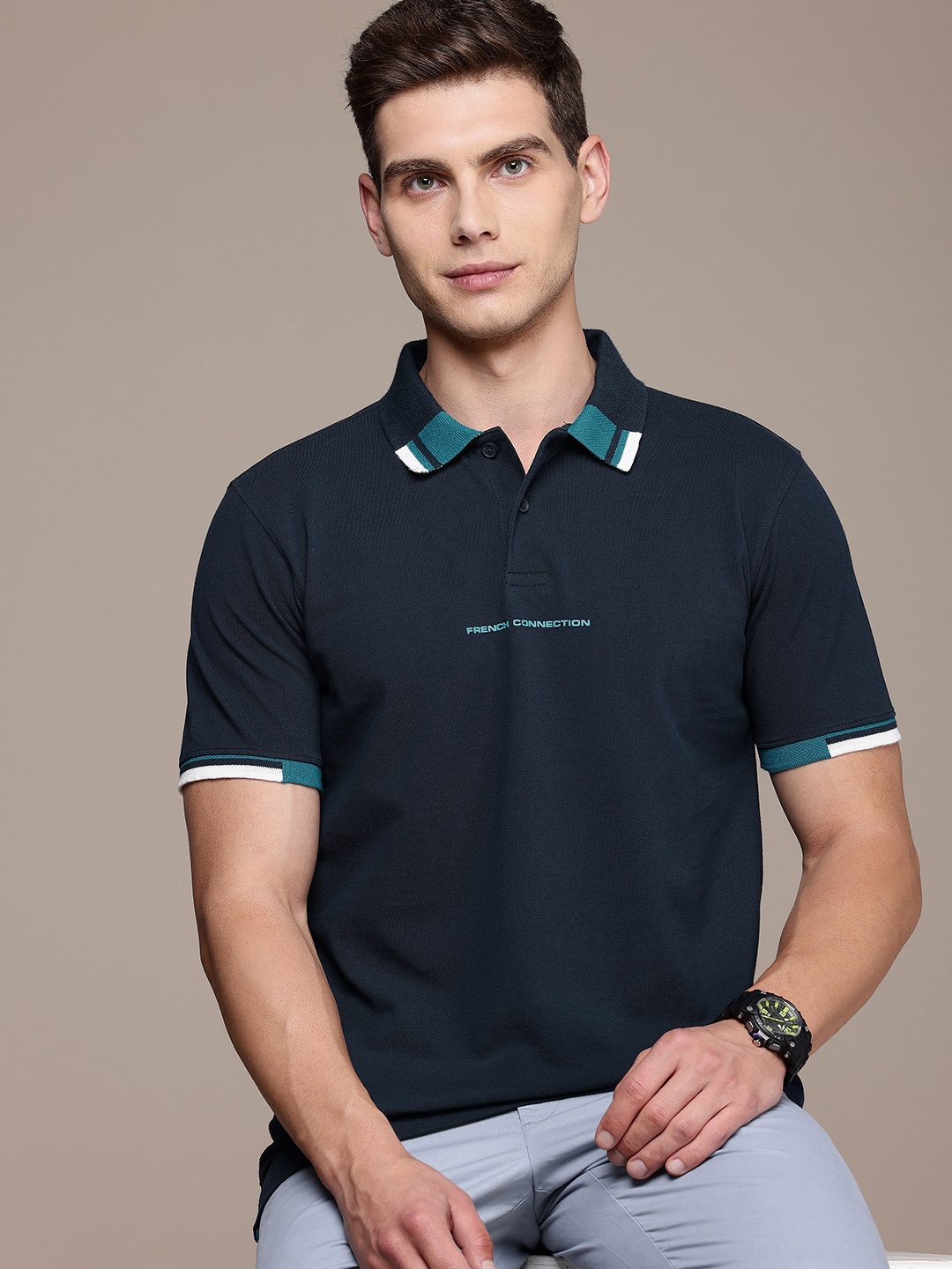 

French Connection Brand Logo Printed Polo Collar Pure Cotton T-shirt, Navy blue