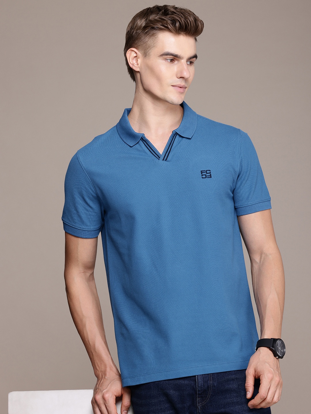 

French Connection Men Polo Collar Pure Cotton T-shirt, Blue