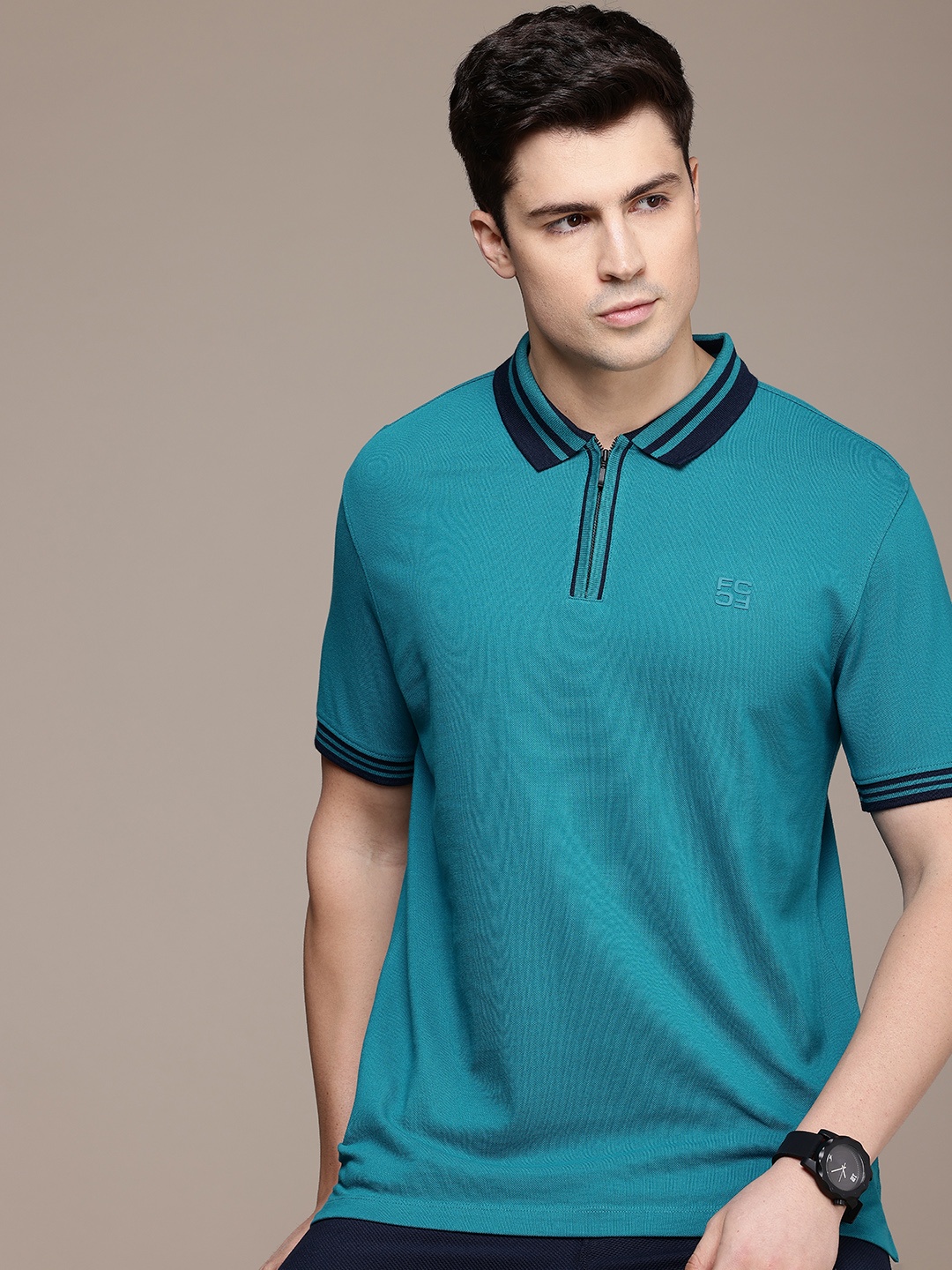 

French Connection Polo Collar Pure Cotton Slim Fit T-shirt, Teal