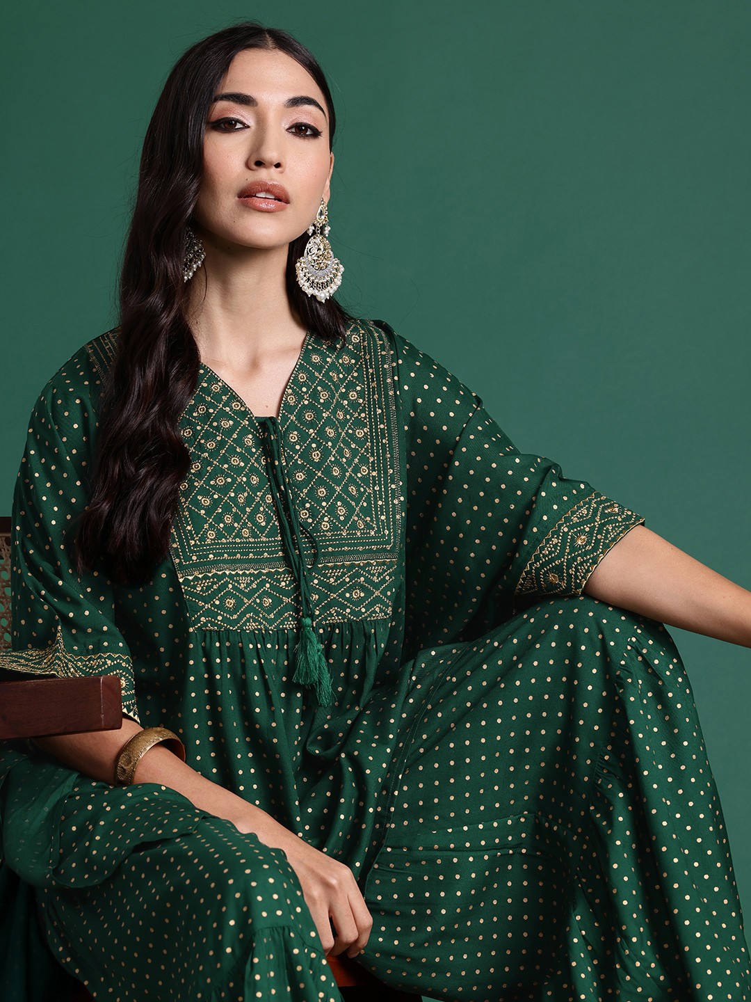 

Sangria Embroidered Pure Cotton Kurta & Sharara Set, Green