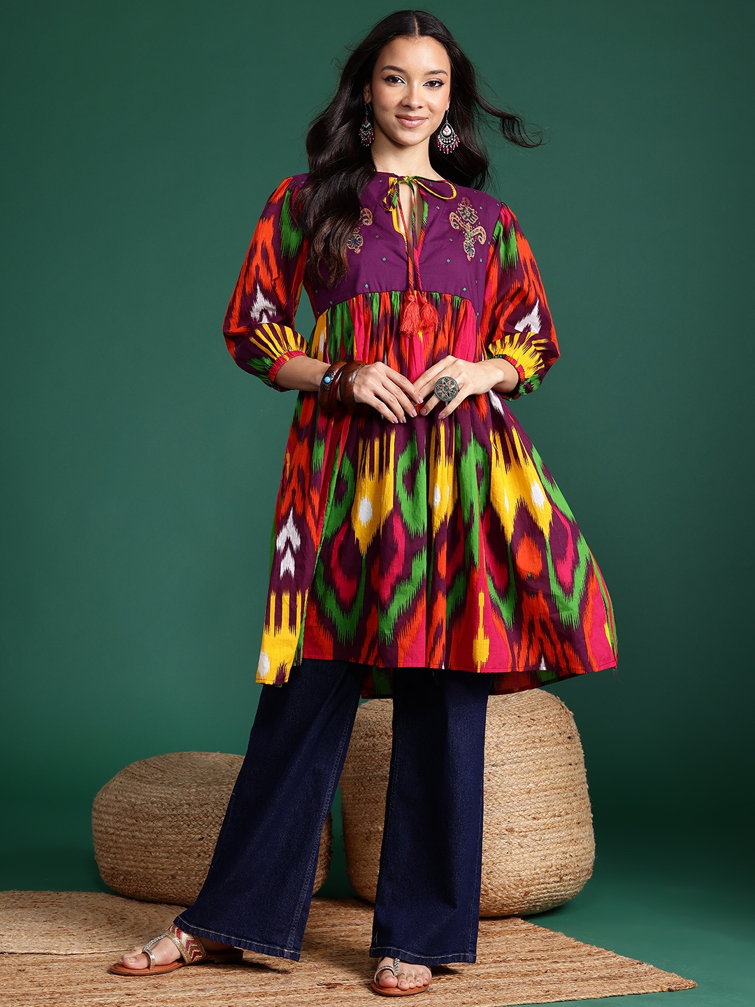 

Sangria Women Ethnic Motifs Printed Pure Cotton Thread Work Kurta, Purple