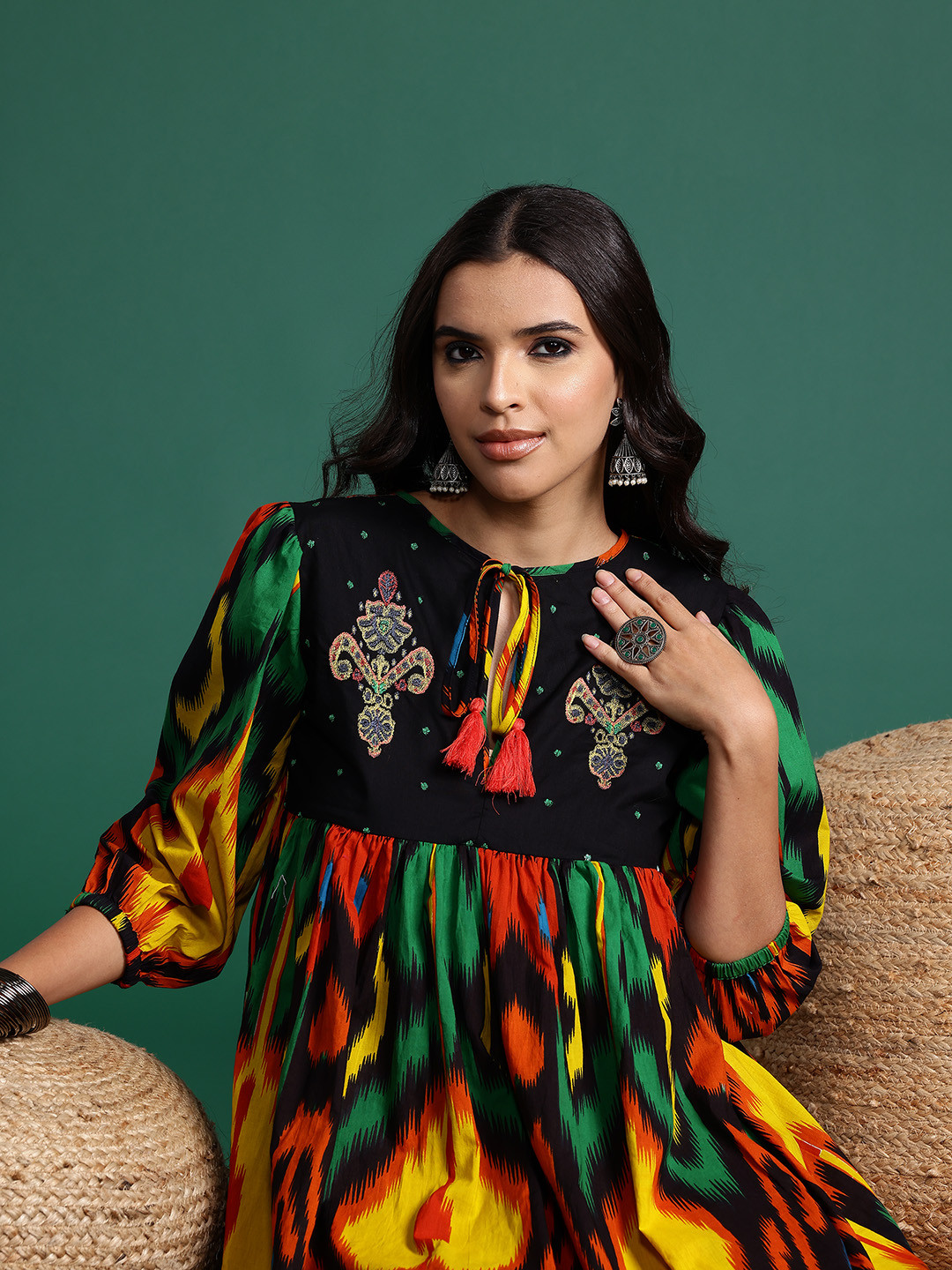 

Sangria Women Ethnic Motifs Printed Pure Cotton Thread Work Kurta, Black