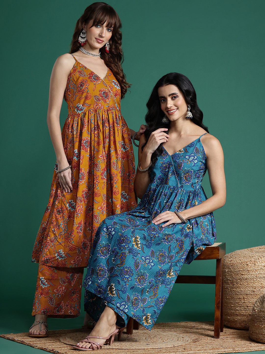 

Sangria Floral Print Gotta Patti Kurta with Palazzos, Mustard