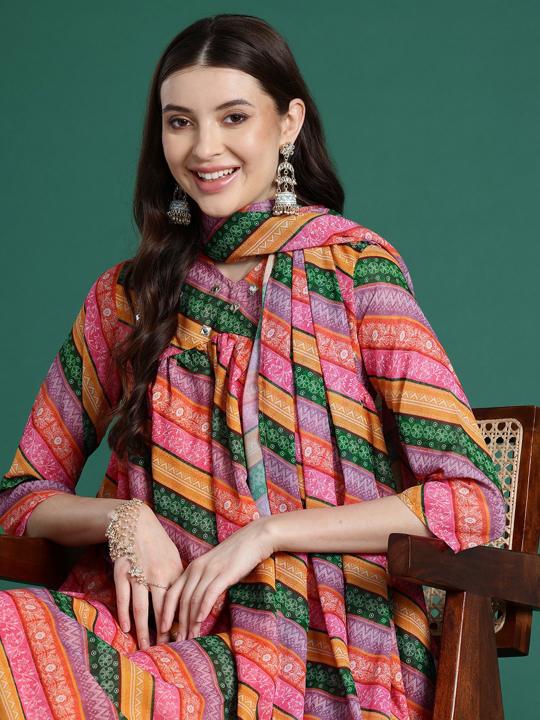 

Sangria Ethnic Motifs Printed Empire Kurta with Trousers & Dupatta, Coral