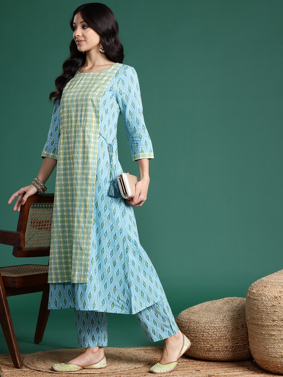 

Sangria Printed Layered Pure Cotton Kurta with Trousers, Blue