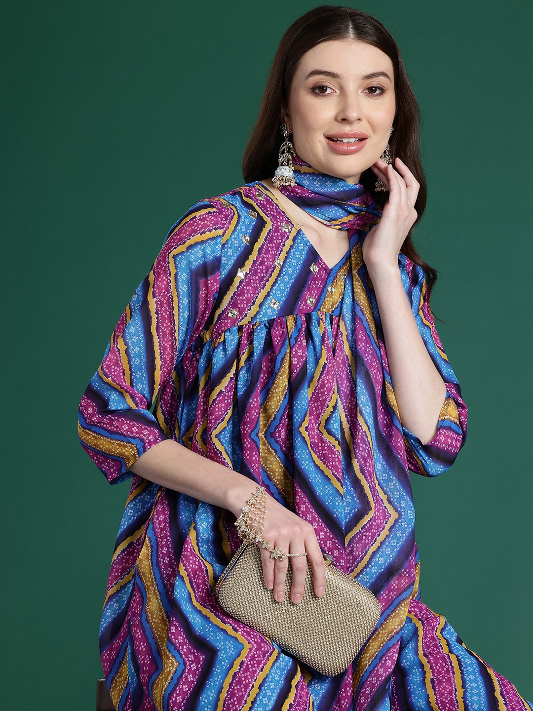 

Sangria Bandhani Printed Empire Kurta Set With Dupatta, Navy blue