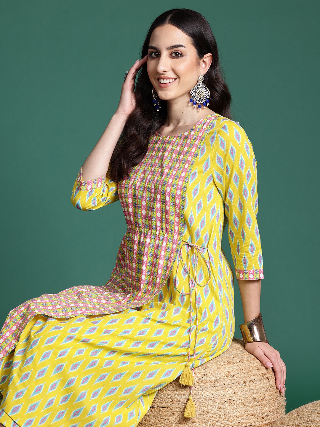 

Sangria Printed Layered Pure Cotton Kurta with Trousers, Lime green