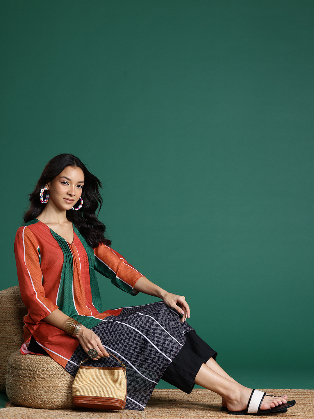 

Sangria Pleated Striped Straight Kurta, Orange