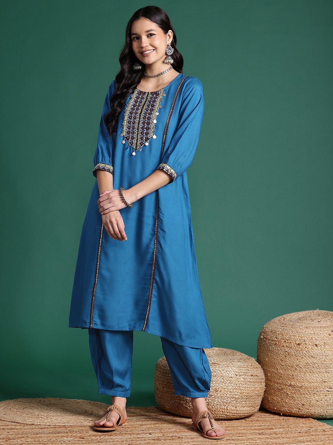 

Sangria A-Line Sequinned Kurta with Salwar, Blue