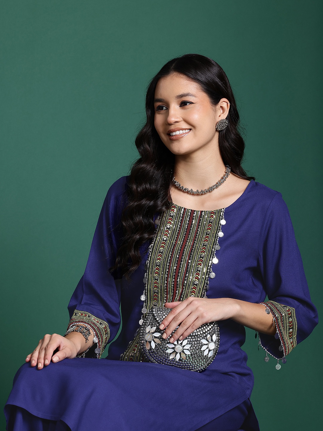 

Sangria Straight Sequinned Kurta with Palazzos, Blue