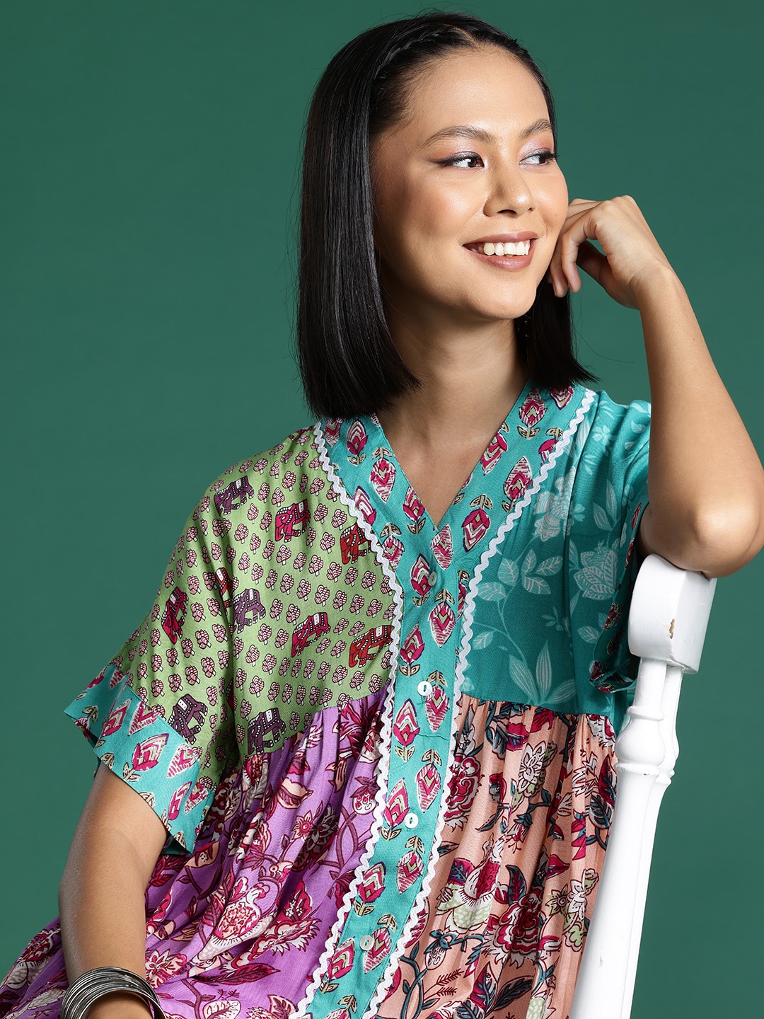 

Sangria Patchwork Style Floral Printed Gathered A-line Kurta, Multi