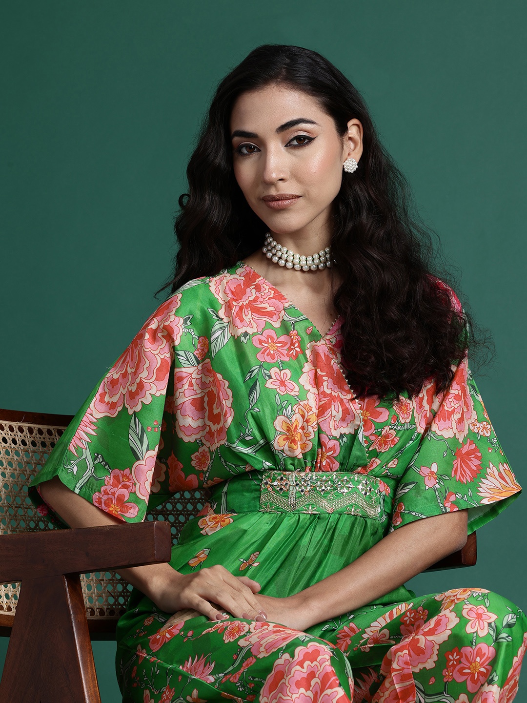 

Sangria Printed Embellished Ethnic Jumpsuit, Green