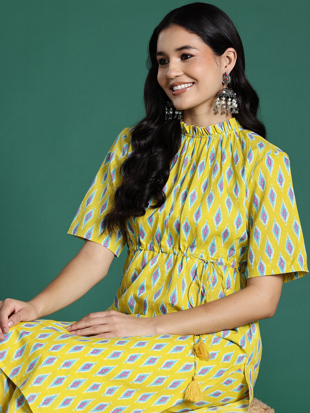 

Sangria Printed Pleated Pure Cotton Tie-Up Kurta with Trousers, Lime green