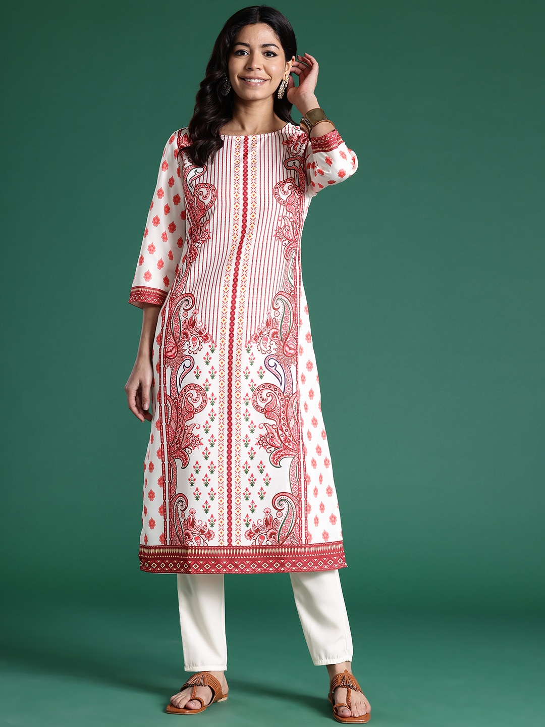 

Sangria Women Ethnic Motifs Printed Kurta with Trousers, White