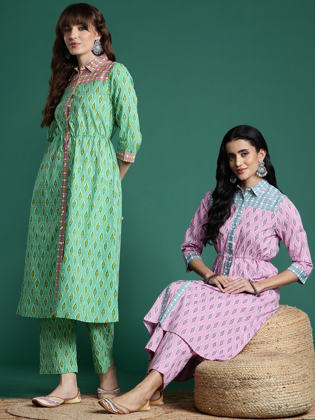 

Sangria Printed Regular Pure Cotton Waist Tie-Up Kurta with Trousers, Pink