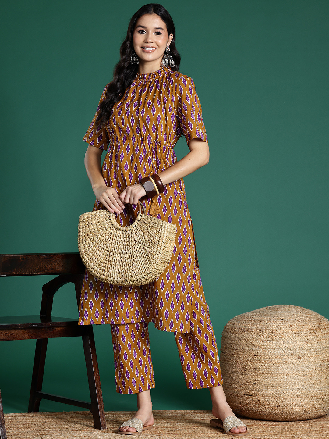 

Sangria Printed Pleated Pure Cotton Tie-Up Kurta with Trousers, Brown