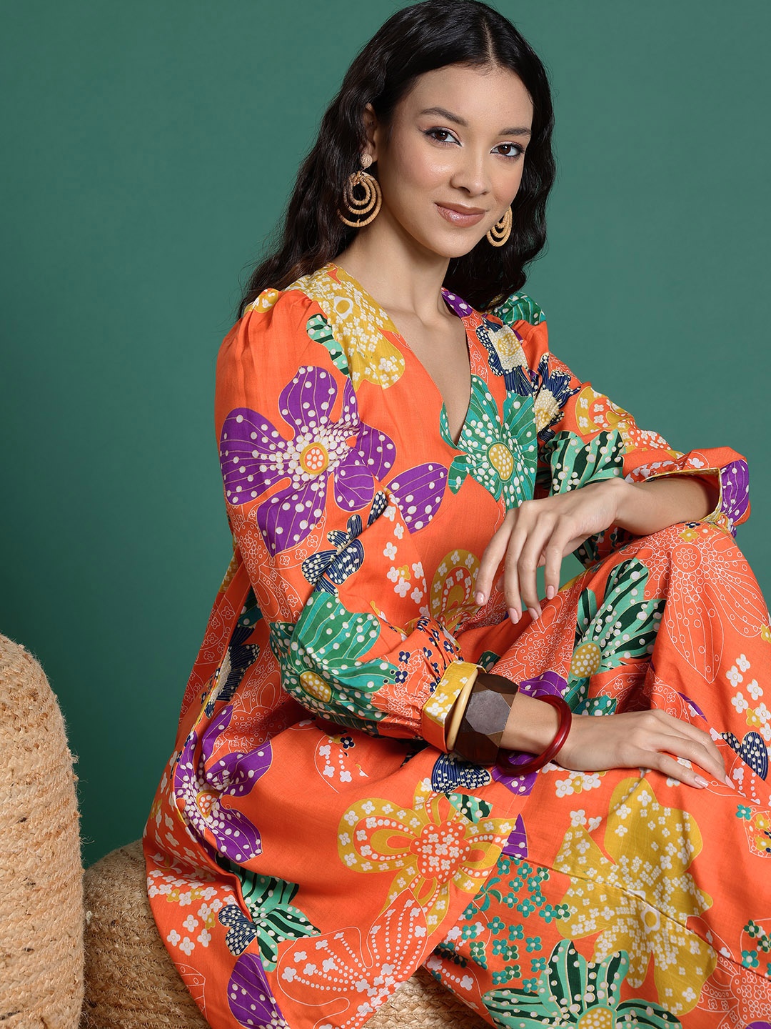 

Sangria Floral Print Kurta with Palazzos, Orange