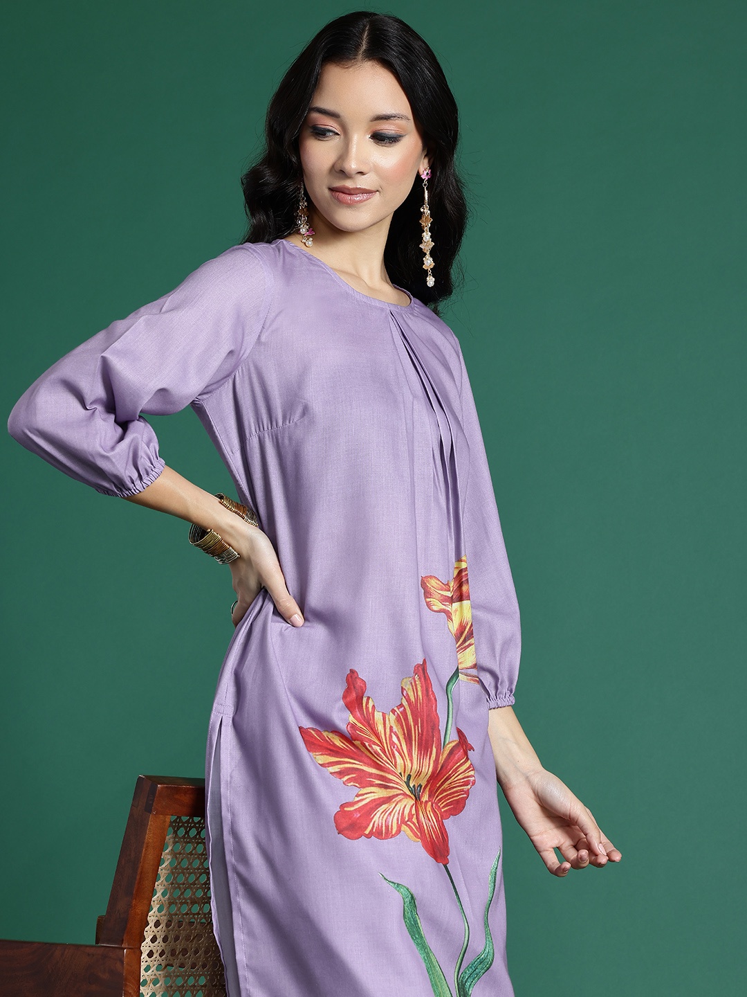 

Sangria Floral Print Pleated Kurta with Trousers, Purple