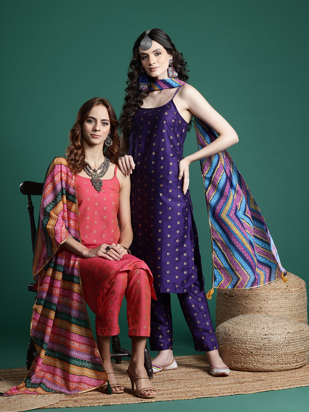 

Sangria Bandhani Printed Shoulder Straps Kurta Set With Dupatta, Navy blue