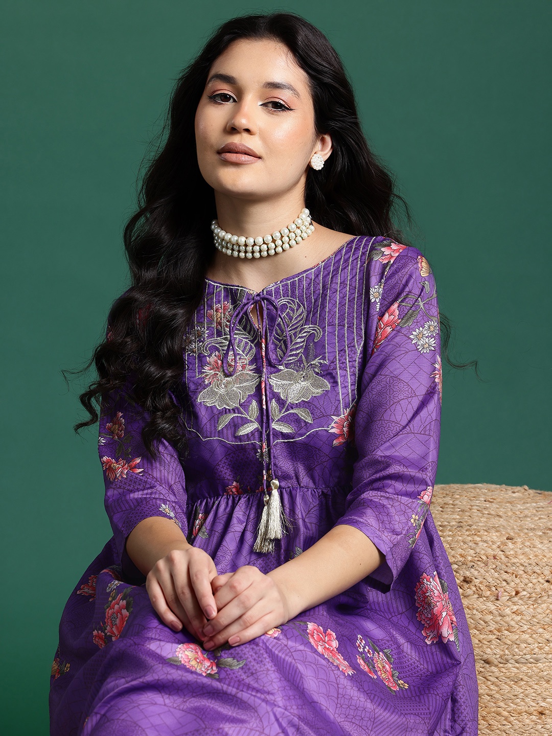

Sangria Floral Print A-Line Kurta, Purple