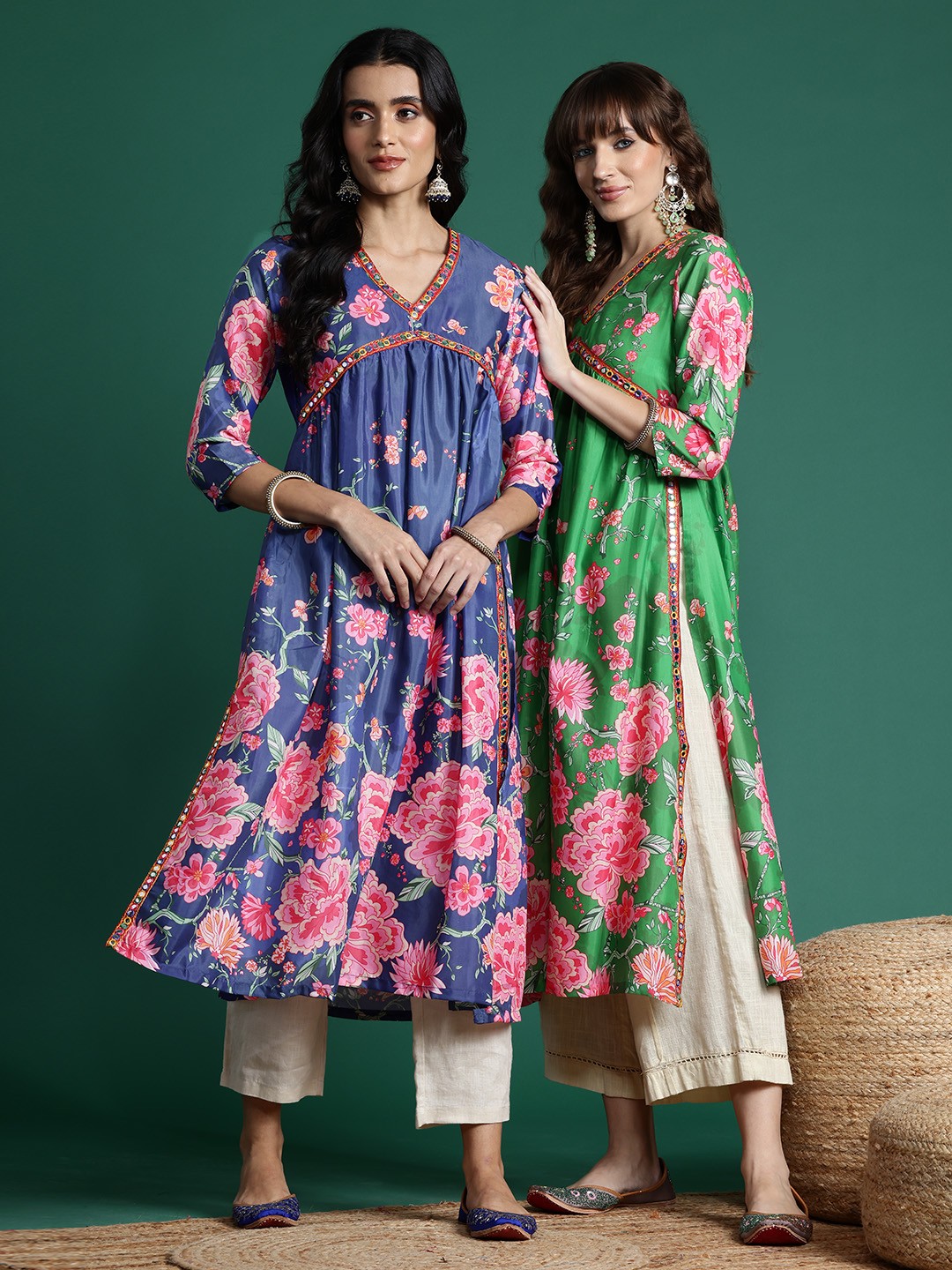 

Sangria Women Floral Printed Mirror Work Indie Florals Kurta, Blue