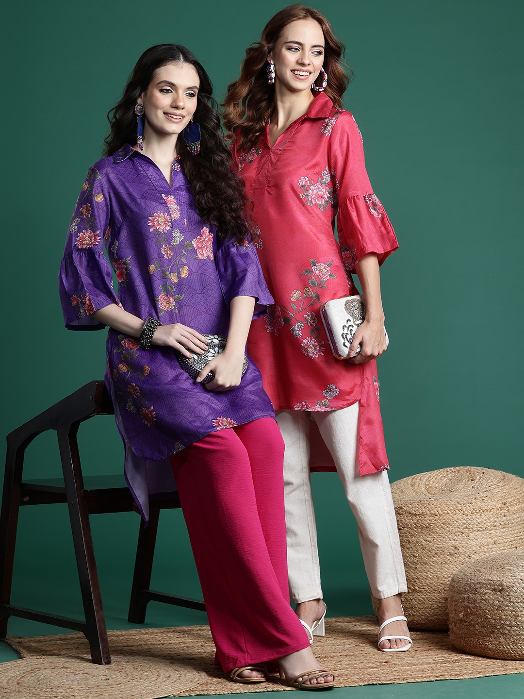 

Sangria Women Floral Printed Bell Sleeves Kurta, Purple