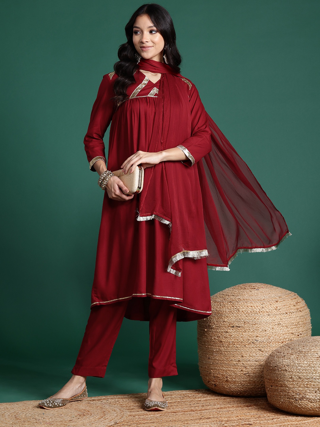 

Sangria Yoke Design Pleated Gotta Patti Kurta with Trousers & Dupatta, Maroon