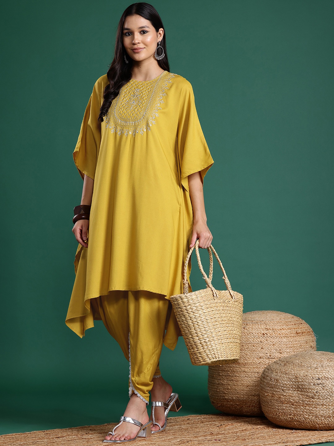 

Sangria Embroidered Kaftan Fusion Kurta with Dhoti Pants, Mustard