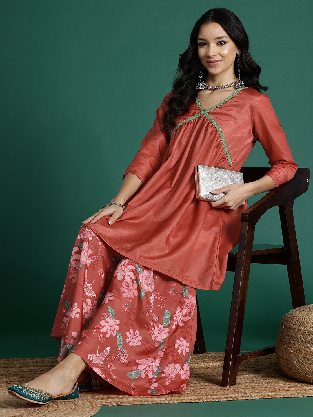 

Sangria Empire Kurta with Printed Sharara, Rust