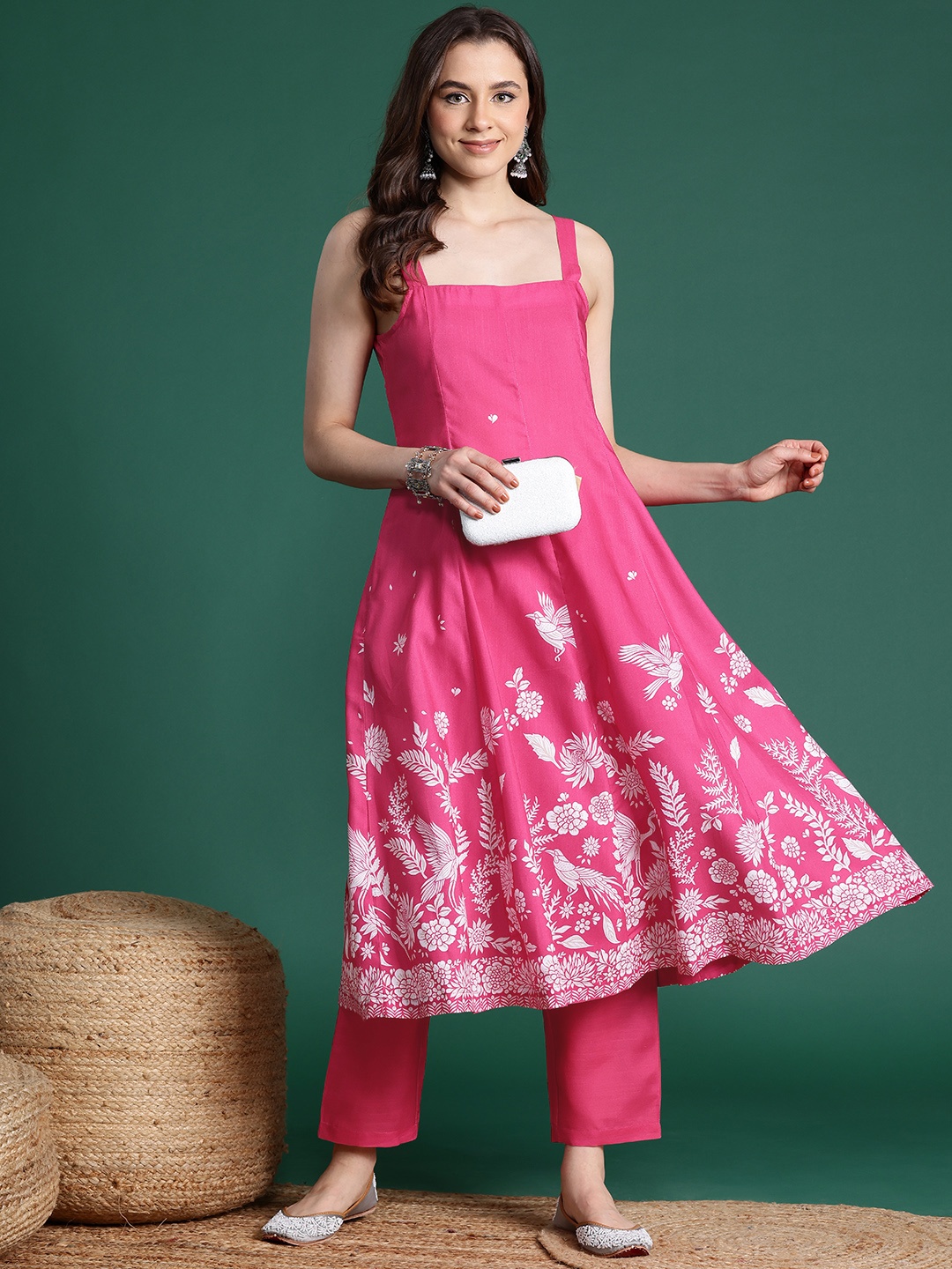 

Sangria Floral Print Panelled A-Line Kurta with Trousers, Pink