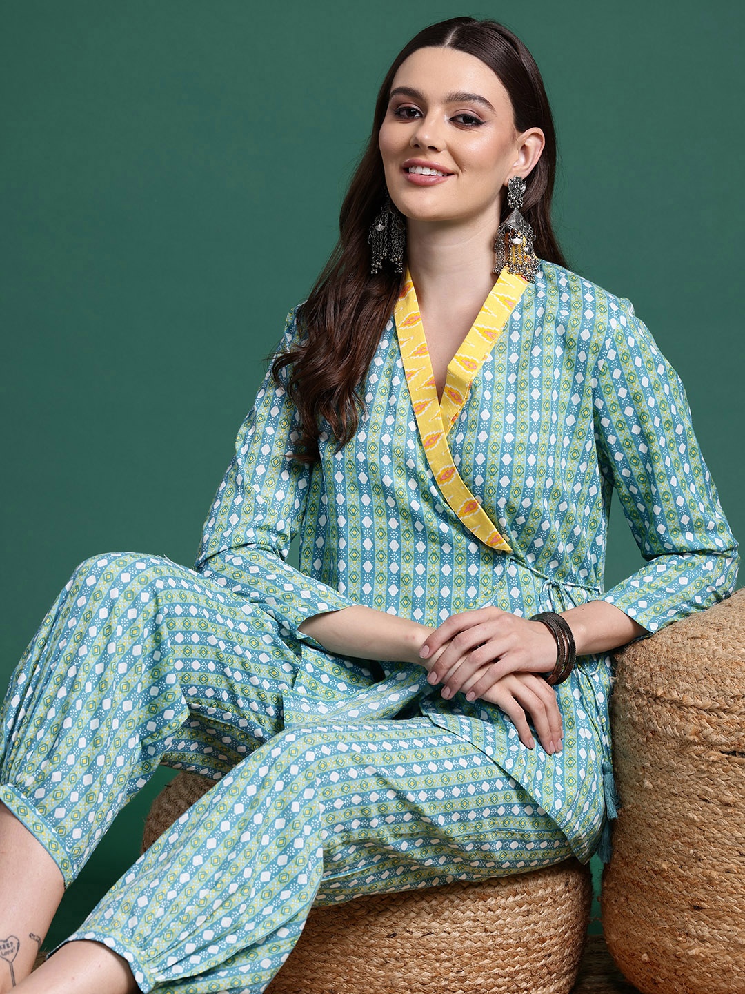 

Sangria Printed Wrap Ethnic Pure Cotton Co-Ords, Blue