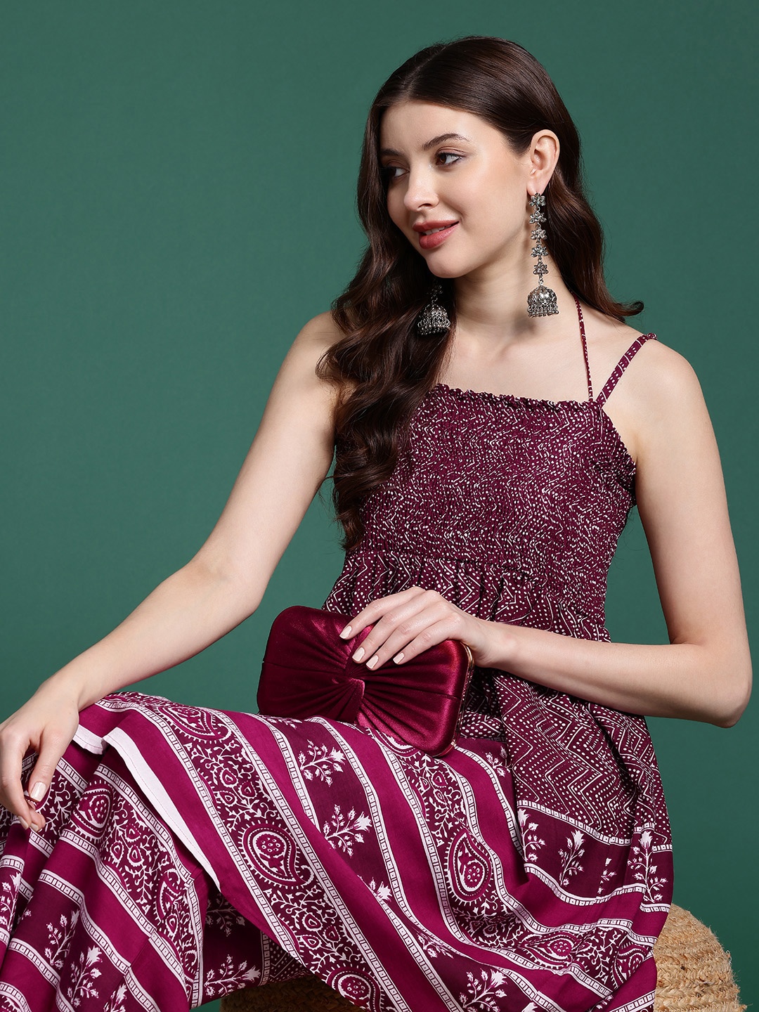 

Sangria Shoulder Straps Printed Smocked Kurta with Trousers, Burgundy