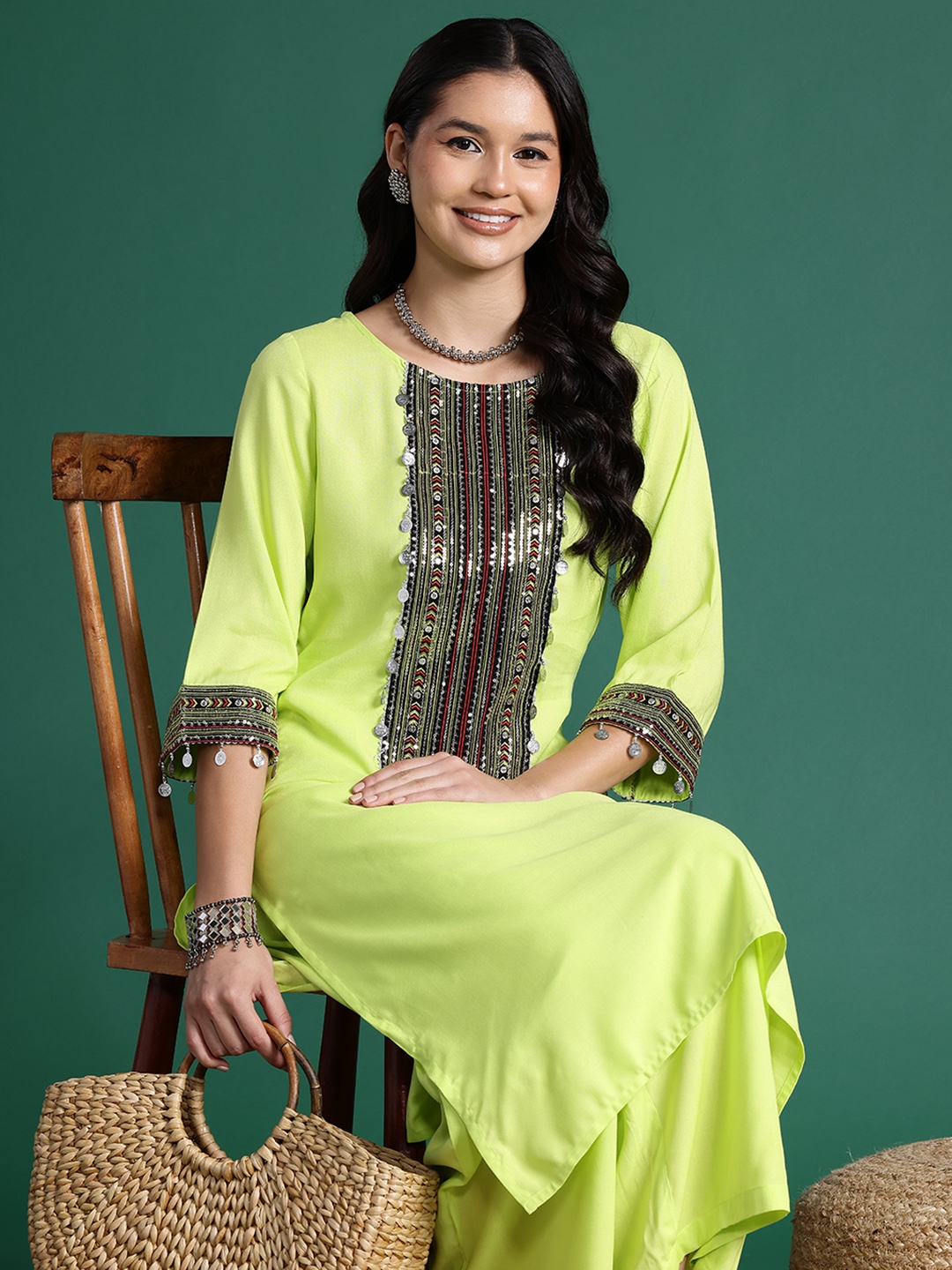 

Sangria Straight Sequined Kurta with Palazzos, Lime green