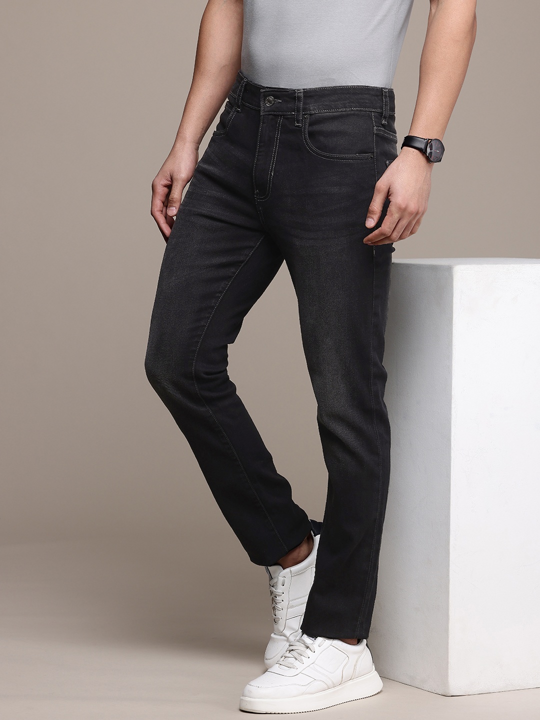 

French Connection Men Slim Fit Light Fade Stretchable Jeans, Black