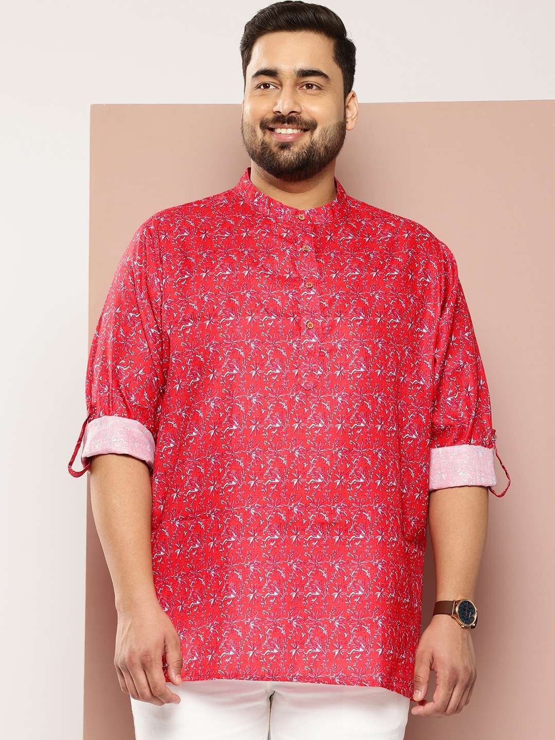 

Sztori Men Plus Size Printed Indie Florals Kurta, Pink