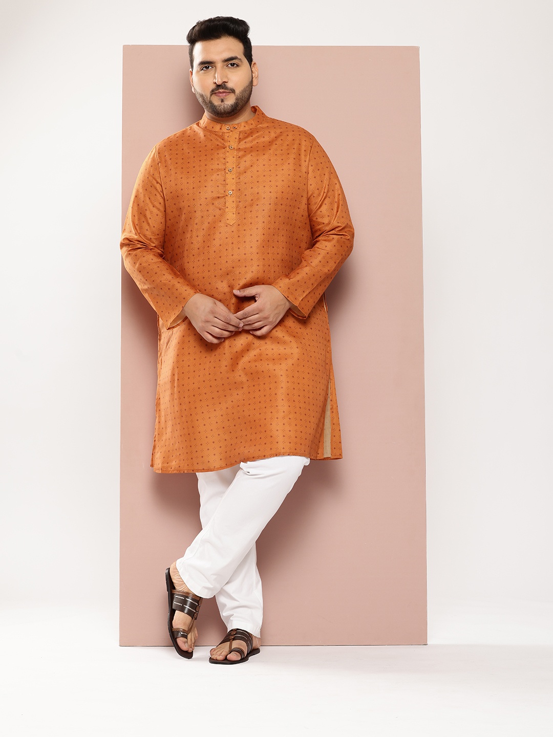 

Sztori Plus-Size Printed Band Collar Kurta, Mustard