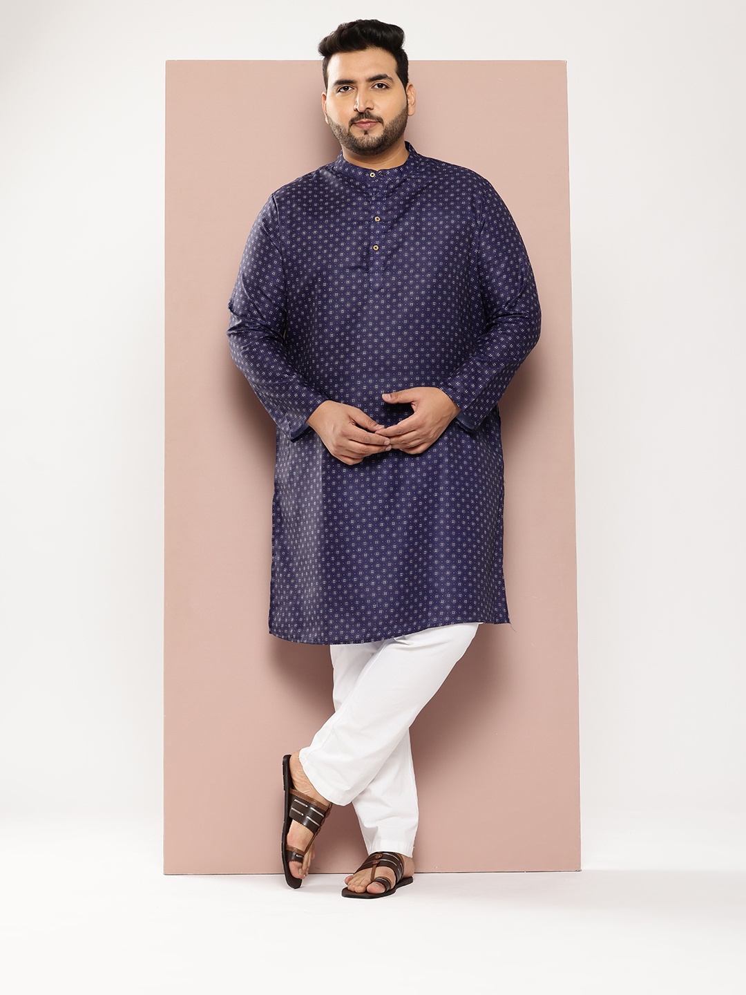 

Sztori Plus-Size Printed Band Collar Kurta, Navy blue