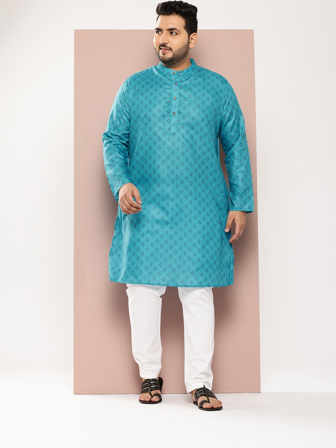 

Sztori Plus-Size Printed Band Collar Kurta, Blue