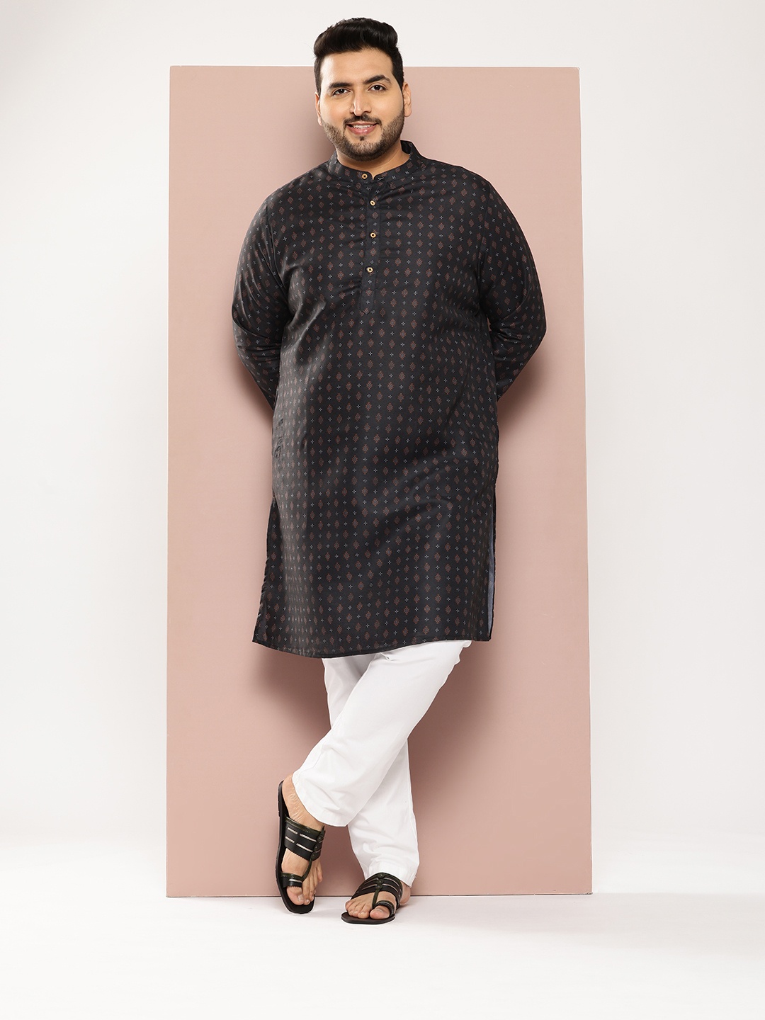 

Sztori Plus-Size Printed Band Collar Kurta, Black