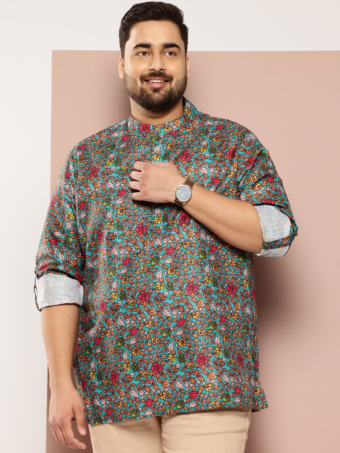 

Sztori Men Plus Size Printed Indie Florals Kurta, Green