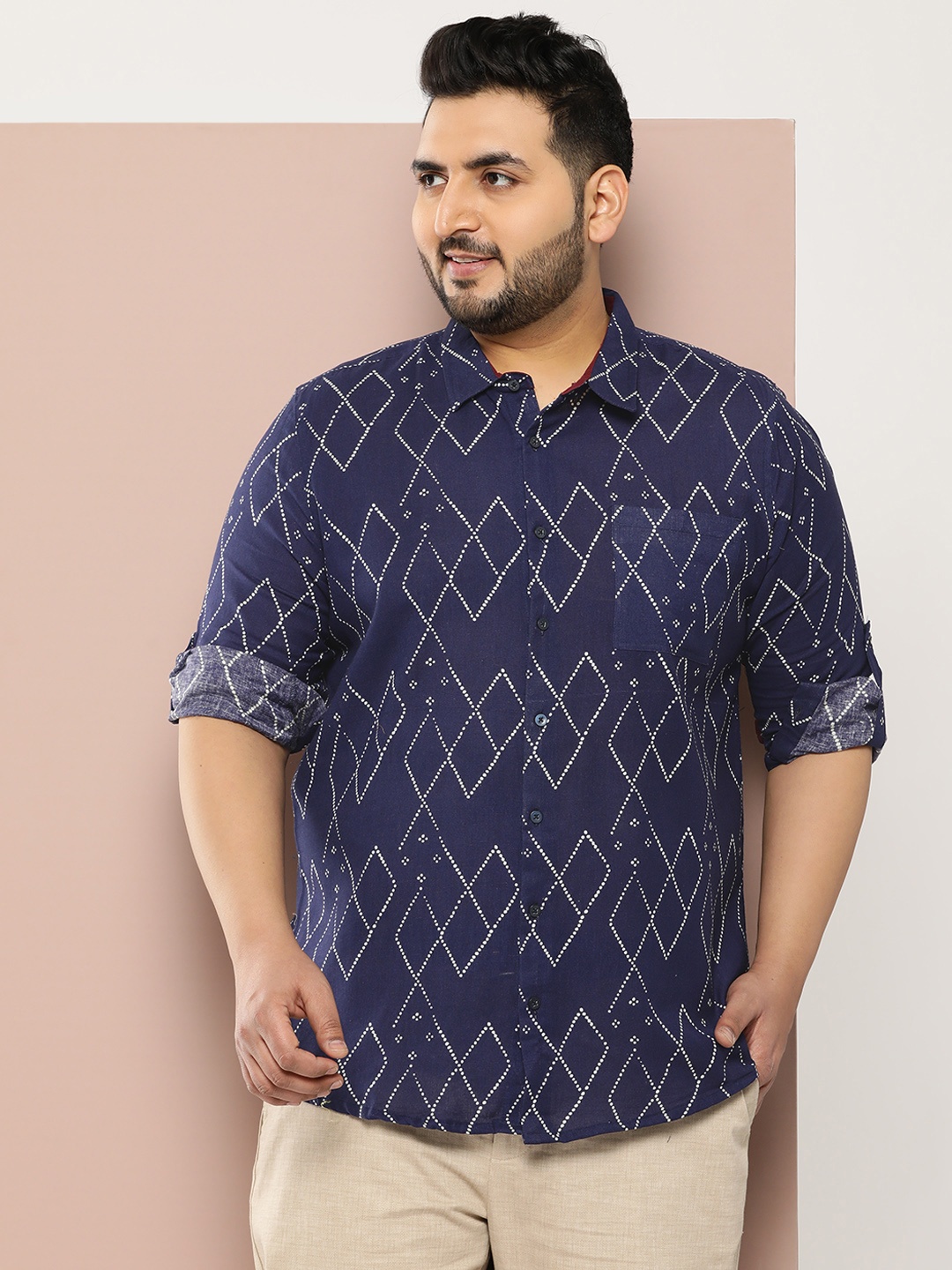 

Sztori Plus Size Cotton Linen Printed Shirt, Navy blue