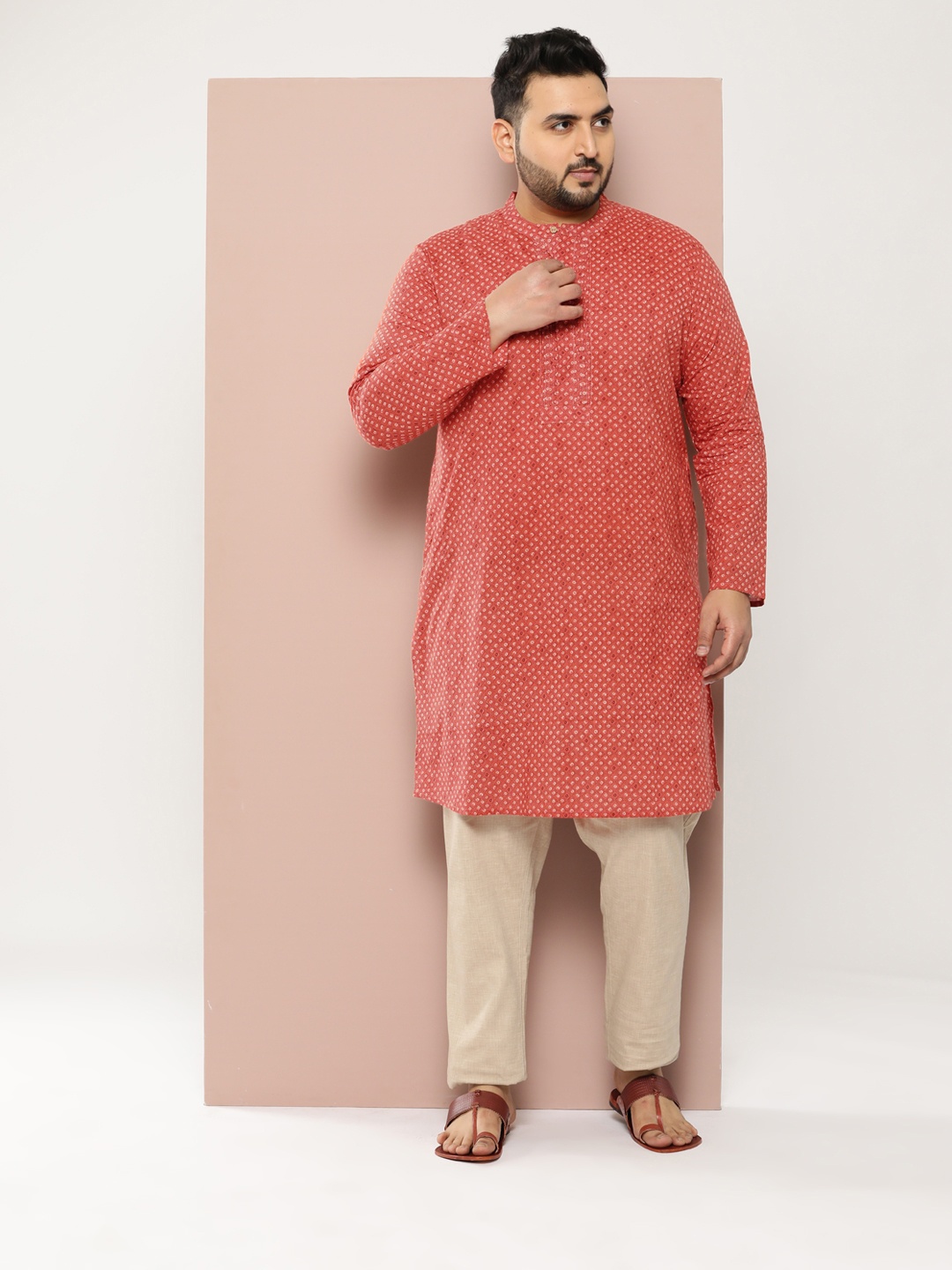 

Sztori Plus Size Pure Cotton Printed Kurta, Coral