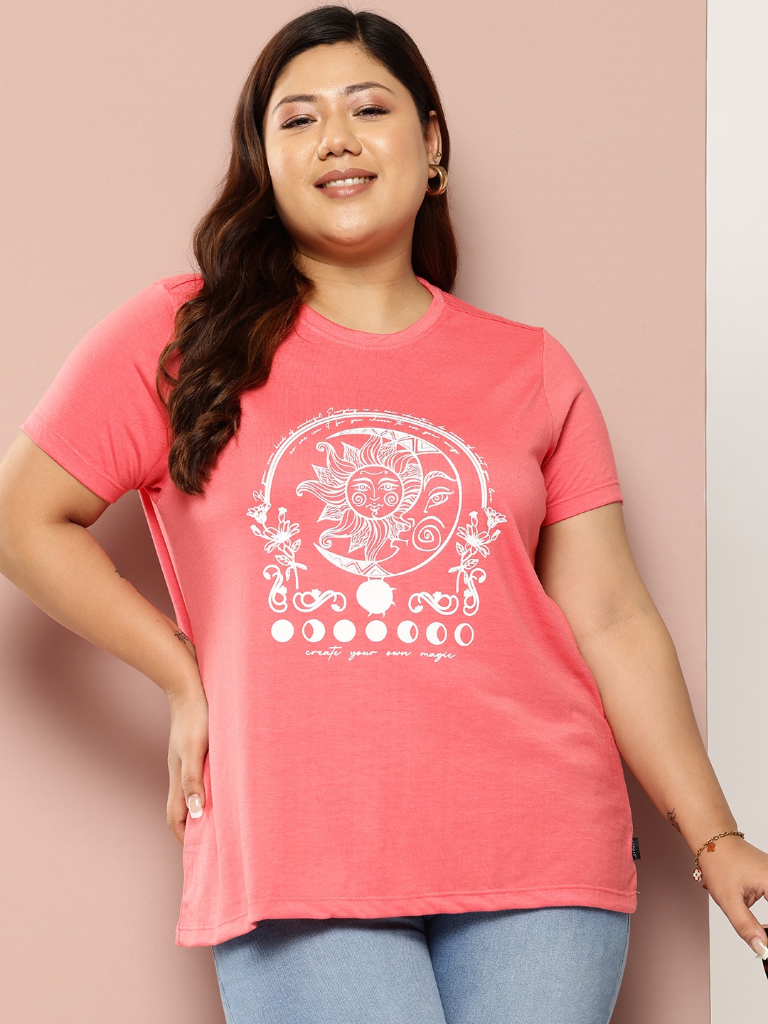 

Sztori Plus Size Printed T-shirt, Coral